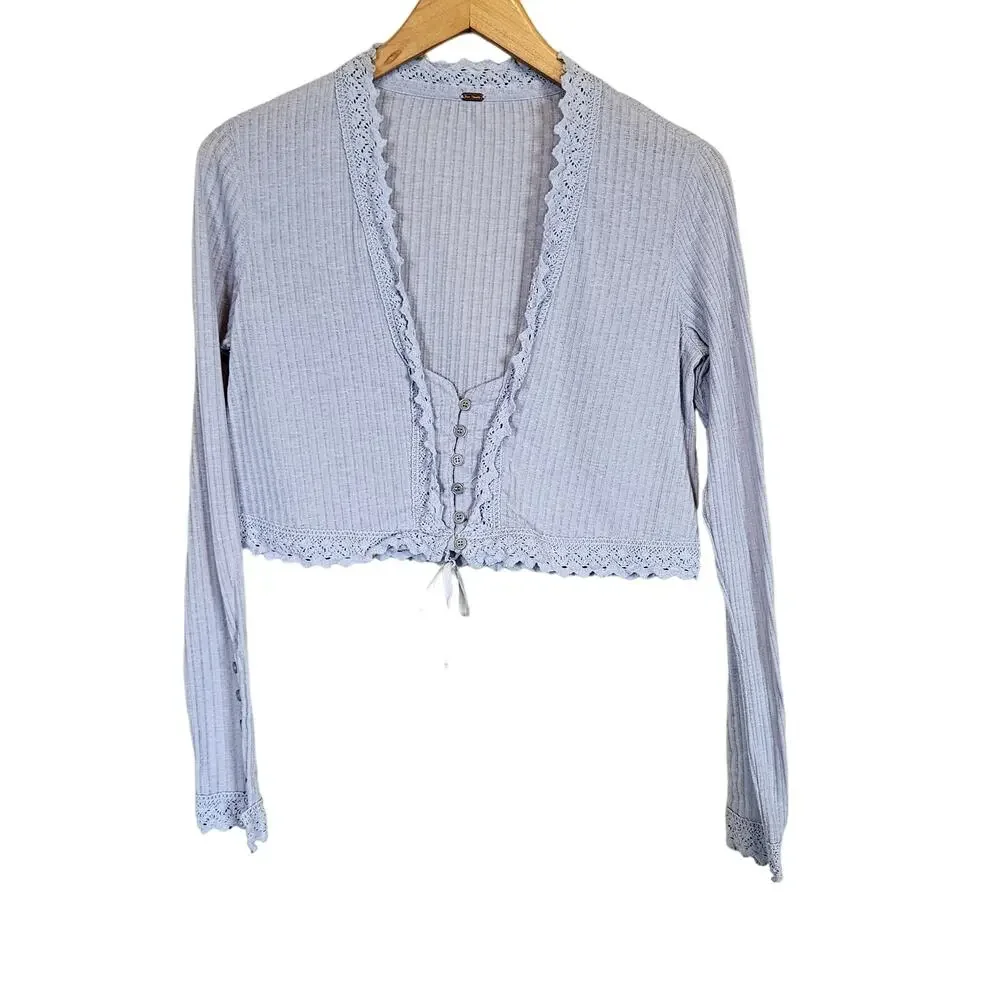 Free People Third Date Crop Top Long Sleeve Crochet Lace Womens Small Balletcore
